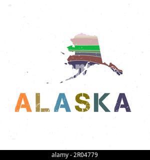 Design della mappa dell'Alaska. Forma dello stato degli Stati Uniti con splendide onde geometriche e texture grunge. Illustrazione vettoriale artistica. Illustrazione Vettoriale