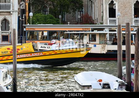 L'ambulanza d'acqua precipita sul Canal Grande di fronte alla fermata del vaporetto Cà d'Oro, Venezia, Veneto, Italia Foto Stock