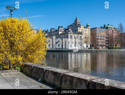 Città di Norrkoping e il fiume Motala a Refparens grund in una giornata di primavera soleggiata. Norrkoping è una città storica della Svezia. Foto Stock