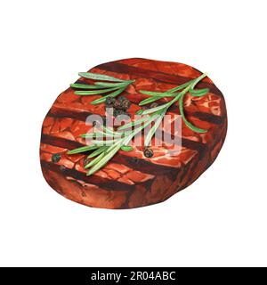 Acquerello di carne alla griglia, bistecca di manzo barbecue e ramoscello di rosmarino. Illustrazione disegnata a mano isolata su sfondo bianco. Perfetto per menu caffè e ristorante Foto Stock