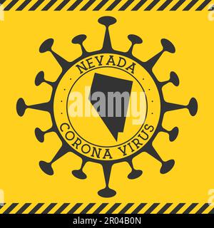 Corona virus in Nevada segno. Distintivo rotondo con forma di virus e mappa Nevada. Timbro giallo di blocco dell'epidemia dello stato degli Stati Uniti. Illustrazione vettoriale. Illustrazione Vettoriale
