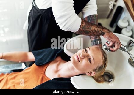 Fatelo per la buona salute dei vostri capelli. una giovane donna attraente ottenere i suoi capelli lavati e stilati da un parrucchiere all'interno di un salone. Foto Stock