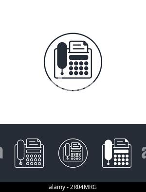 Contorno del fax e icone piene con ricevitore telefonico su sfondo bianco e nero. Simboli scritti dei dispositivi di comunicazione aziendale. Illustrazione Vettoriale