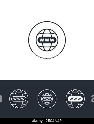 Contorno del sito web e icone piene con globo su sfondi in bianco e nero. Simboli Web isolati. Illustrazione Vettoriale
