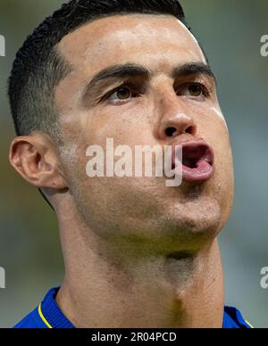 Cristiano Ronaldo di al-Nassr FC gesta contro al-Raed FC durante la loro SAFF Roshn Saudi Pro League 2023-24 Match Day 24 allo stadio al-Awwal Park il 29 aprile 2023 a Riyadh, Arabia Saudita. Foto di Victor Fraile / Power Sport immagini Foto Stock