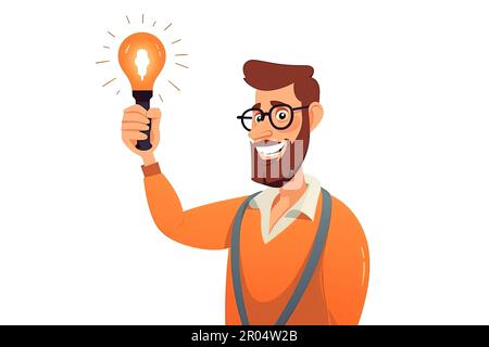 Uomo felice in occhiali che tengono una lampadina che indica una buona idea. Concetto creativo di brainstorming e di processo decisionale. Illustrazione vettoriale Foto Stock