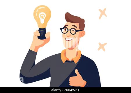 Uomo felice in occhiali che tengono una lampadina che indica una buona idea. Concetto creativo di brainstorming e di processo decisionale. Illustrazione vettoriale Foto Stock