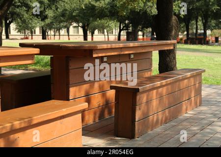 Tavoli di legno vuoti con panchine nel parco Foto Stock