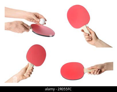Collage con foto di donne che tengono racchette da ping pong e palla su sfondo bianco Foto Stock