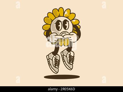 Mascotte di girasole con espressione triste in stile vintage Illustrazione Vettoriale