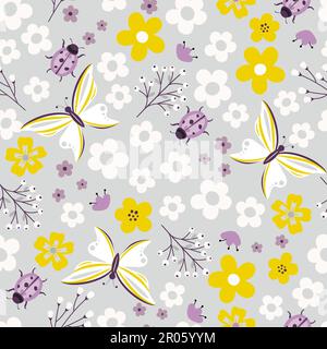 Motivo senza cuciture con fiori, farfalle e coccinelle. Ideale per la progettazione di vivai, tessuti e tessuti Illustrazione Vettoriale