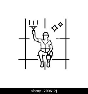 Il lavoratore lava le finestre del moderno grattacielo icona linea nera. Azienda di pulizia. Pittogramma per pagina web, app mobile, promo. Illustrazione Vettoriale