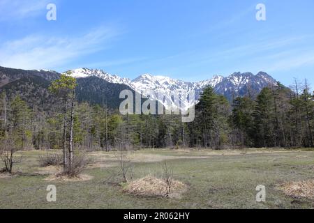 Monte Hotaka sopra Tashiro Marsh, a Kamikochi, Giappone Foto Stock