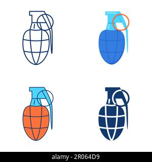 Grenade Icon in stile piatto e di linea. Bomba a mano, simbolo di dinamite. Illustrazione vettoriale Illustrazione Vettoriale