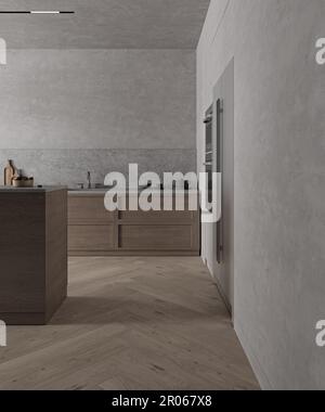 Design interno cucina in stile giapponese. Decorazioni con banco color pastello grigio, armadietto e banco in pietra. rendering 3d. Illustrazione 3D di alta qualità Foto Stock