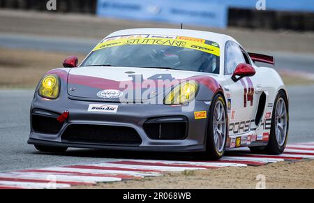 Monterey, California, Stati Uniti. 06th maggio, 2023. A. David Hampton(14)Porsche GT3 in arrivo a turno 4 durante la gara 1 della TransAm Speedfest IGT al circuito Weathertech Laguna Seca Monterey, CA Thurman James/CSM/Alamy Live News Foto Stock