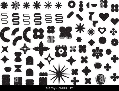 Grande set di forme assortite; forme nere con texture grunge. Vendita o sconto adesivi, icone, badge. Forme astratte vettorizzate Illustrazione Vettoriale