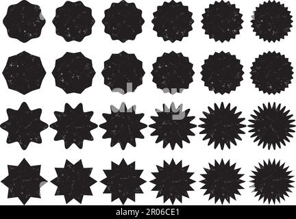 Set di forme a stella trasparenti, colore nero e texture grunge. Vendita o sconto adesivi, icone, badge. Stelle con diversi numeri di raggi, con ro Illustrazione Vettoriale