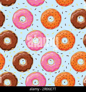 Ciambelle con smalto rosa, cioccolato e arancio su sfondo blu. Illustrazione Vettoriale