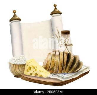 Watercolor ebraico Shavuot biglietto d'auguri modello con simboli tradizionali e cibo, bianco Torah rotolo, latticini, formaggio, pane, latte. grano. Ha Foto Stock