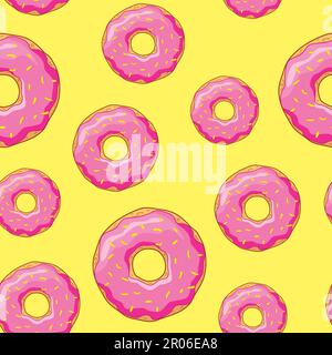 Fondo senza cuciture con ciambelle con smalto rosa su fondo giallo. Illustrazione Vettoriale