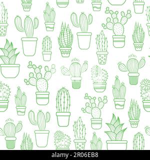 Modello vettoriale senza cuciture con cactus verde in pentole. Illustrazione Vettoriale