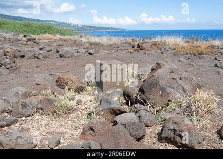 Primo piano di un marcatore geodetico IGN sulla costa della Réunion, Francia Foto Stock