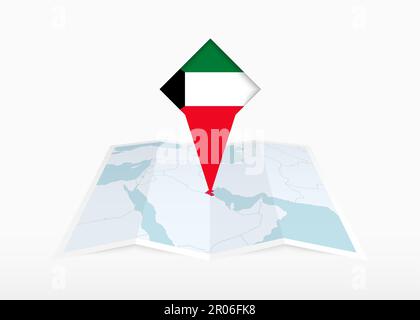 Il Kuwait è raffigurato su una mappa su carta piegata e segnaposto con bandiera del Kuwait. Mappa vettoriale piegata. Illustrazione Vettoriale