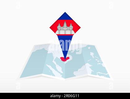La Cambogia è raffigurata su una mappa di carta piegata e segnata posizione con la bandiera della Cambogia. Mappa vettoriale piegata. Illustrazione Vettoriale