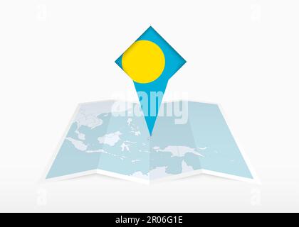 Palau è raffigurato su una mappa su carta piegata e segnaposto con bandiera di Palau. Mappa vettoriale piegata. Illustrazione Vettoriale