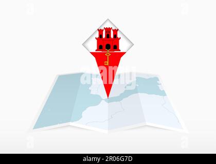 Gibilterra è raffigurata su una mappa cartacea piegata e segnata con la bandiera di Gibilterra. Mappa vettoriale piegata. Illustrazione Vettoriale