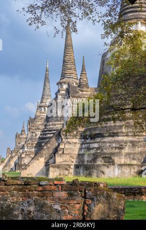 Wat Phra si Sanphet 'Tempio del Santo, splendido Onnisciente' era il tempio più sacro sul sito del vecchio Palazzo reale nell'antica capitale della Thailandia Foto Stock
