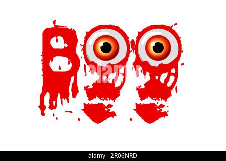 Iscrizione sanguinosa Boo, banner per Halloween. Occhi sanguinosi. Lettere di Halloween, modello di disegno del poster Illustrazione Vettoriale