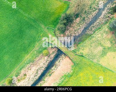 Vista dall'alto verso il basso di un vecchio fiume che attraversa ora l'erba. Il fiume di acqua dolce è famoso per il salmone. Foto Stock