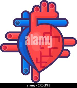 Organo cardiaco con arterie e vasi. Sketchy dispositivo icona lineare di organo umano che pompa sangue in corpo sano. Stile di vita sano. Semplice cartone animato esterno Illustrazione Vettoriale
