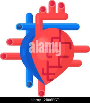 Organo cardiaco con arterie e vasi. Sketchy dispositivo icona lineare di organo umano che pompa sangue in corpo sano. Stile di vita sano. Semplice cartone animato piatto Illustrazione Vettoriale