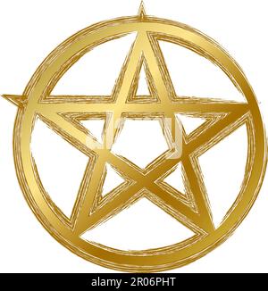 Mistico religioso tradizionale Wicca pentagram talisman amulet. Simbolo spirituale in stile grunge sfumato dorato. Segno vettore sacro segreto isolato o Illustrazione Vettoriale