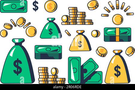 Set di denaro americano carta verde banconote monete d'oro in pile e borse. Simbolo di ricchezza e prosperità di lusso. Semplice vettore di contorno del cartone animato Illustrazione Vettoriale
