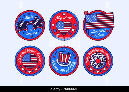 Set adesivi rotondi con Patriot Heart, cappello Zio Sam, bandiera su flagpole, occhiali Star disco nei colori della bandiera americana. Stati Uniti Luglio 4T Illustrazione Vettoriale