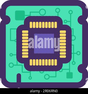 Processore a microchip per computer. Smaltimento e riciclaggio di dispositivi e apparecchiature elettroniche. Icona piatta nel tratto, elemento per la progettazione di infografiche. Semplice Illustrazione Vettoriale