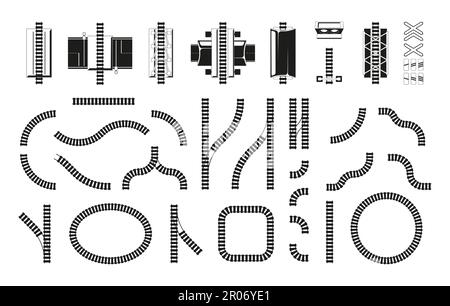 Ferrovia nera. Linee ferroviarie silhouette con gallerie e archi, metropolitana e tram traffico, mappa dei trasporti. Illustrazione vettoriale. Elementi infrastrutturali, percorso metallico per locomotive Illustrazione Vettoriale