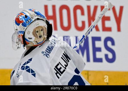 Brno, Repubblica Ceca. 07th maggio, 2023. Goalie di Christian Hejlanko in azione durante la partita Euro Hockey Challenge Finlandia vs Svezia a Brno, Repubblica Ceca, 7 maggio 2023. Credit: Vaclav Salek/CTK Photo/Alamy Live News Foto Stock