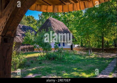 Casa Tradizionale di Dumitra. Nazionale Museo del villaggio (Muzeul Satului) al Parco Herastrau Bucarest, Romania Foto Stock