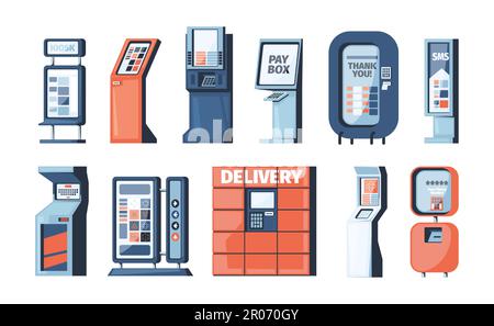Chiosco dei biglietti. Distributore di credito, sportello bancomat, distributore automatico di snack, bancomat e macchina commerciale con design autoportante. Set di cartoni animati vettoriali. Pagamento automatizzato, attrezzature per lo stoccaggio dei pacchi Illustrazione Vettoriale