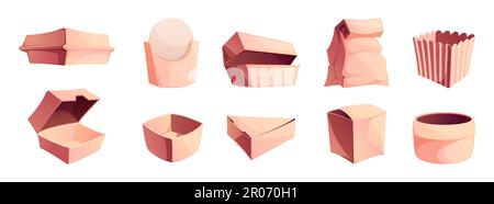 Pacchetto cibo da portare via. Confezione di cartone fastfood vuota mockup con manico, confezione di cartone di carta monouso per il prelievo della consegna. Illustrazione vettoriale. Sacchetti per il servizio pranzo Illustrazione Vettoriale