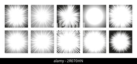 Sfondo delle linee radiali. Cornici dei fumetti e sfondo della pagina manga con effetto di sfocatura del movimento di esplosione in prospettiva. Texture vettoriale. Strisce nere per la rivista su set di cartoni animati supereroi Illustrazione Vettoriale