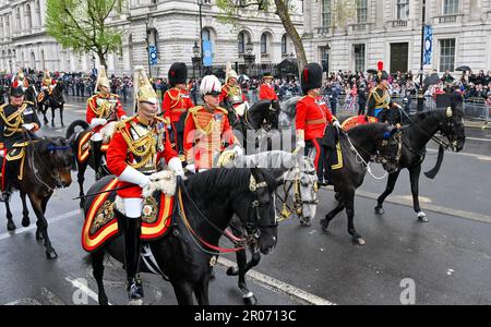 Londra, Regno Unito. 06th maggio, 2023. Londra, Regno Unito il 06 2023 maggio. Principessa Anna (estrema destra) durante la Processione di incoronazione mentre viaggiano lungo Whitehall dopo l'incoronazione di re Carlo III e della regina Camilla nell'Abbazia di Westminster, Londra, Regno Unito il 06 2023 maggio. Credit: Francis Knight/Alamy Live News Foto Stock