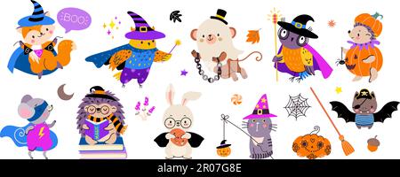 Gli animali di Halloween indossano costumi. Vacanze degli animali domestici, adorabili personaggi magici e selvaggi. Fantasy animale bambino, mago creature carine oggi clipart vettore Illustrazione Vettoriale