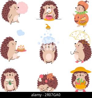 I ricci dei cartoni animati sono in piedi e giocano. Hedgehog dormire, mangiare dolci e bere tè. Carino animale bambino, foresta autunno creature oggi vettore set Illustrazione Vettoriale