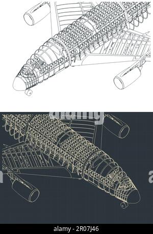 Illustrazione vettoriale stilizzata di progetti isometrici di aeromobili passeggeri Illustrazione Vettoriale